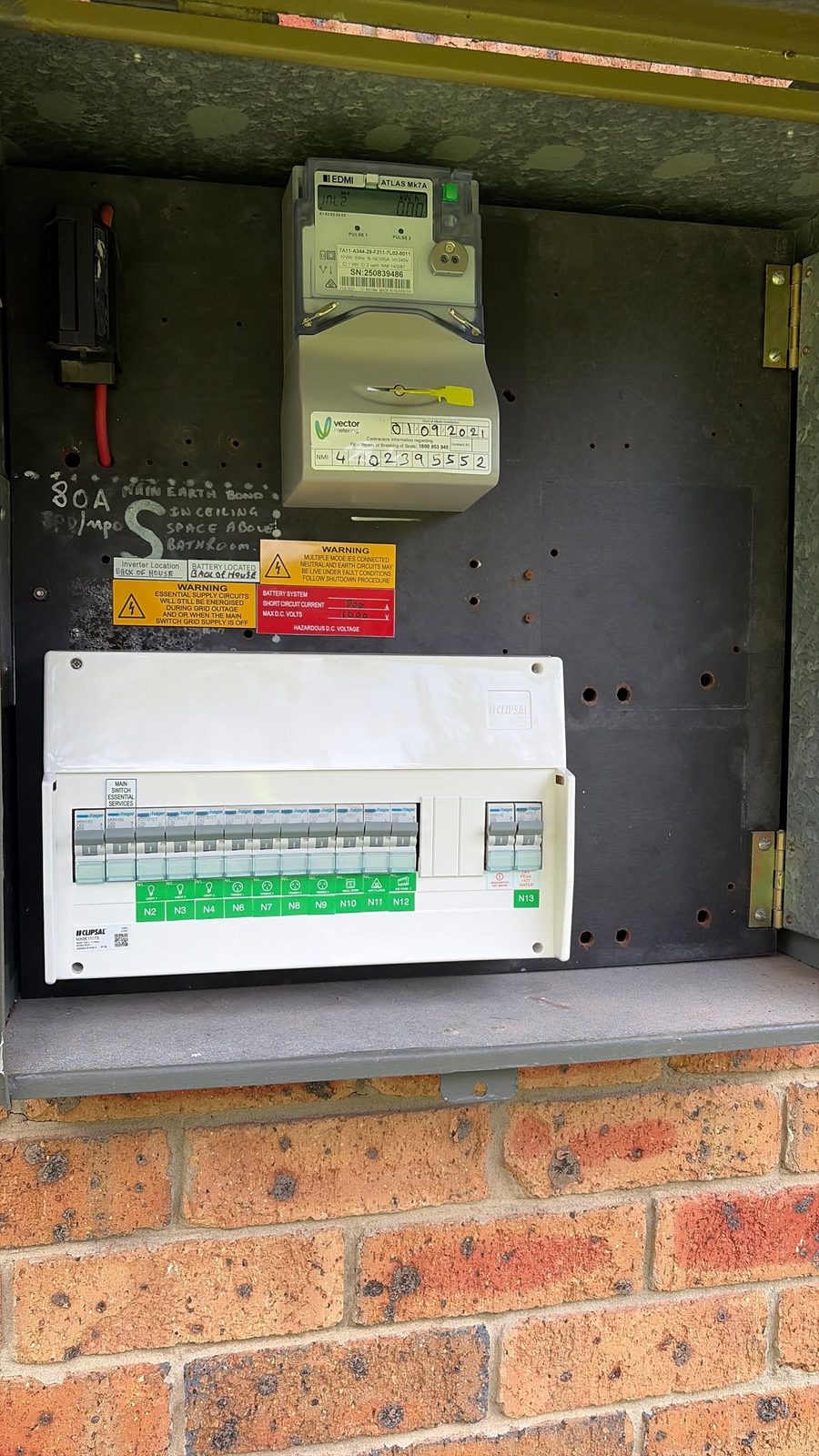 Upgraded electricity meter and Clipsal switchboard with clearly labelled circuits